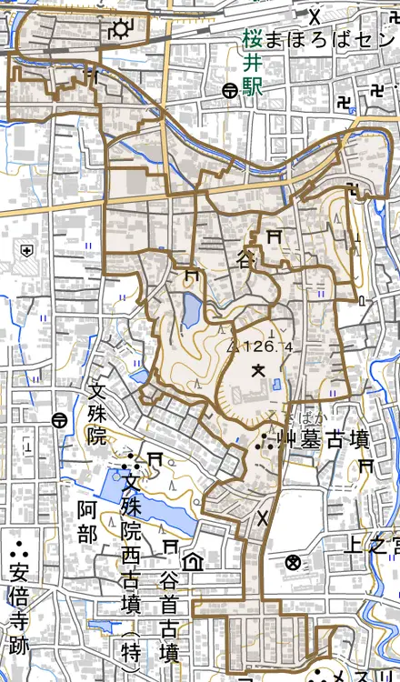大字谷とその周辺の地図。町の範囲を重ねている