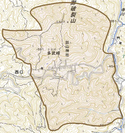 大字多武峰とその周辺の地図。町の範囲を重ねている