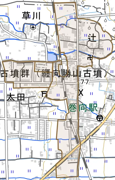 大字辻とその周辺の地図。町の範囲を重ねている