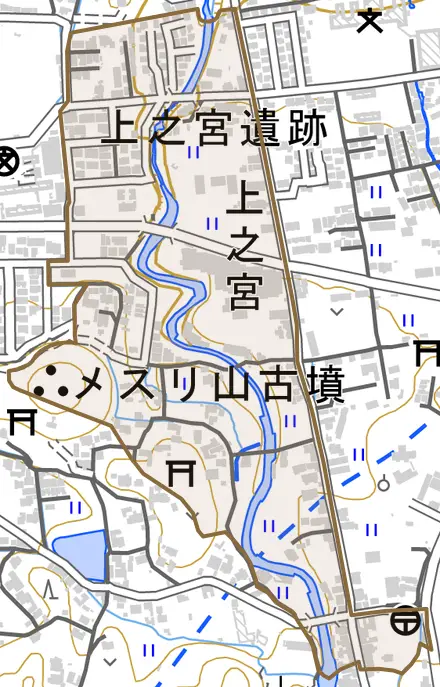大字上之宮とその周辺の地図。町の範囲を重ねている