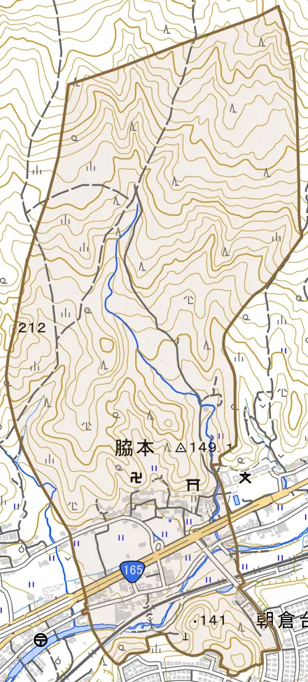 大字脇本とその周辺の地図。町の範囲を重ねている