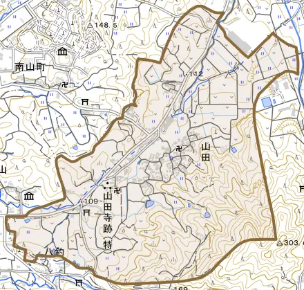 大字山田とその周辺の地図。町の範囲を重ねている