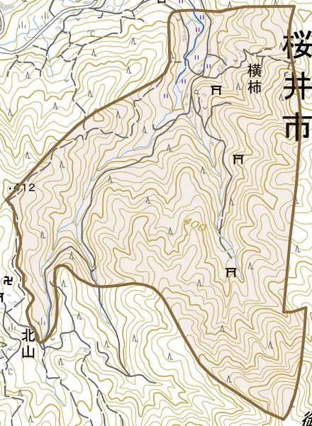 大字横柿とその周辺の地図。町の範囲を重ねている