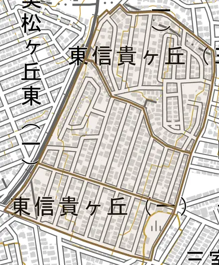 東信貴ケ丘とその周辺の地図。町の範囲を重ねている