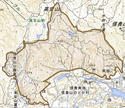 大字南畑とその周辺の地図。町の範囲を重ねている