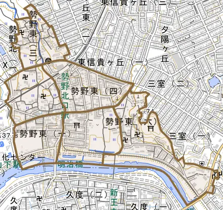 勢野東とその周辺の地図。町の範囲を重ねている