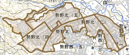 勢野北とその周辺の地図。町の範囲を重ねている