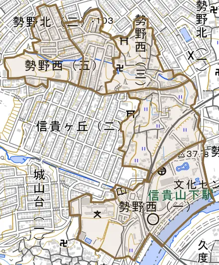 勢野西とその周辺の地図。町の範囲を重ねている