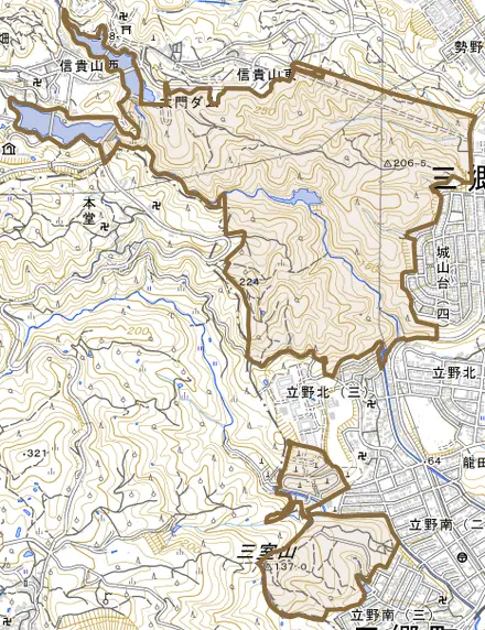 大字立野とその周辺の地図。町の範囲を重ねている