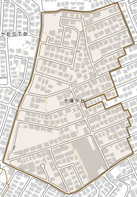 夕陽ケ丘とその周辺の地図。町の範囲を重ねている