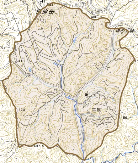 大字平原とその周辺の地図。町の範囲を重ねている