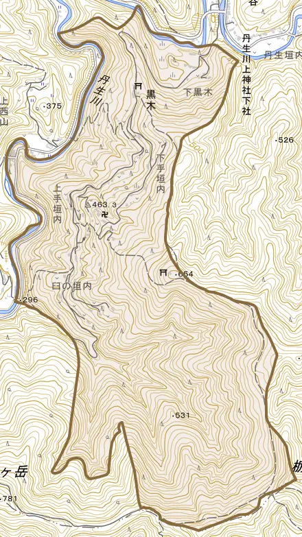 大字黒木とその周辺の地図。町の範囲を重ねている