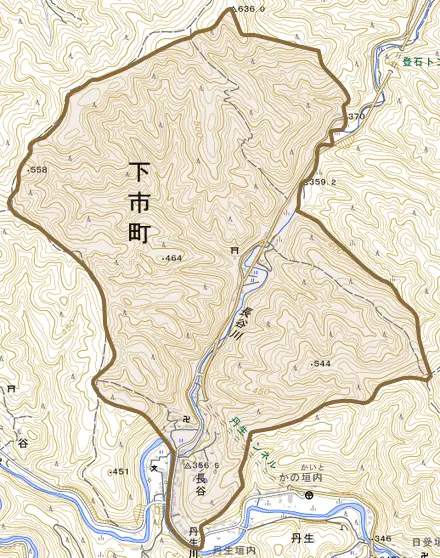 大字長谷とその周辺の地図。町の範囲を重ねている