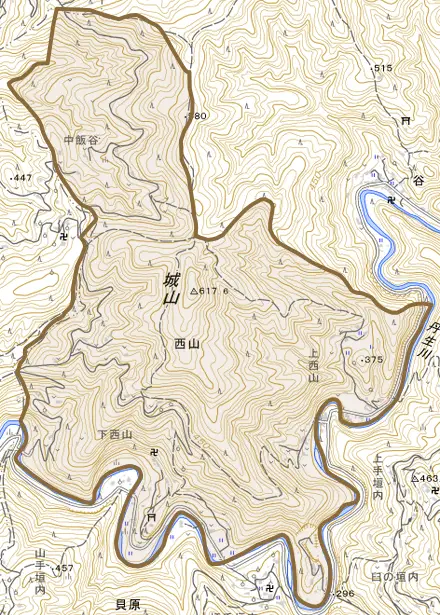 大字西山とその周辺の地図。町の範囲を重ねている