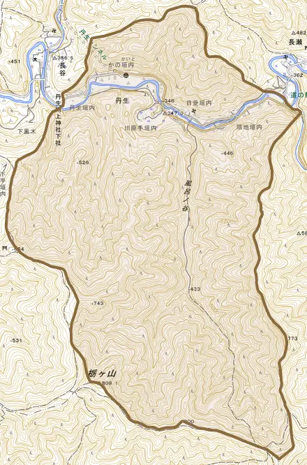 大字丹生とその周辺の地図。町の範囲を重ねている