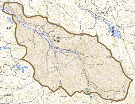 大字小路とその周辺の地図。町の範囲を重ねている