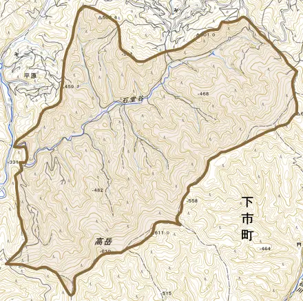 大字石堂谷とその周辺の地図。町の範囲を重ねている