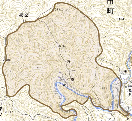 大字谷とその周辺の地図。町の範囲を重ねている
