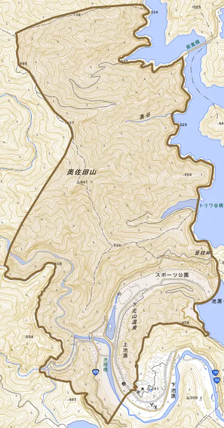 大字上池原とその周辺の地図。町の範囲を重ねている