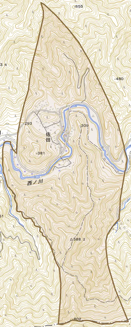 大字佐田とその周辺の地図。町の範囲を重ねている