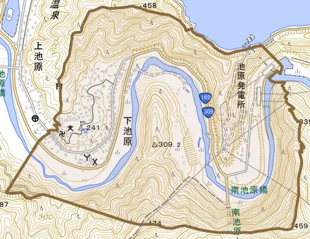 大字下池原とその周辺の地図。町の範囲を重ねている