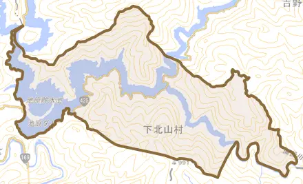 大字大瀬とその周辺の地図。町の範囲を重ねている