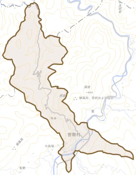 大字今井とその周辺の地図。町の範囲を重ねている