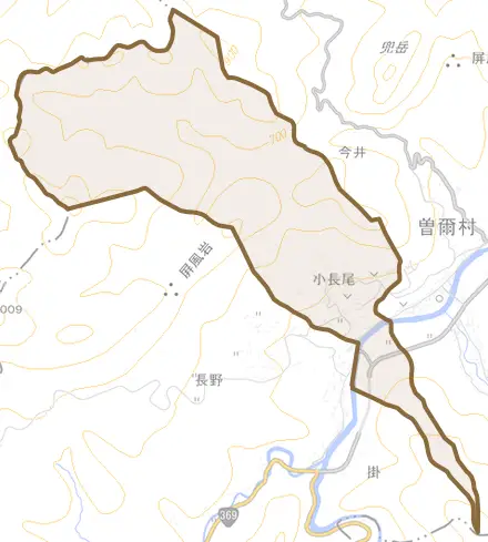 大字小長尾とその周辺の地図。町の範囲を重ねている