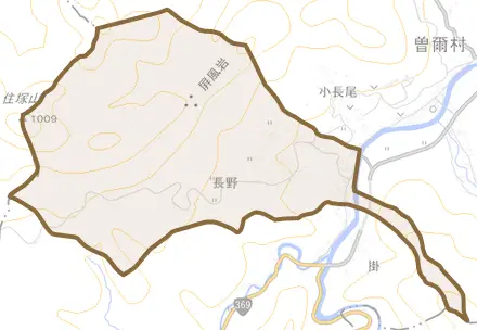 大字長野とその周辺の地図。町の範囲を重ねている