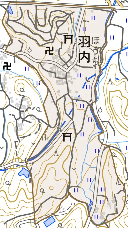大字羽内とその周辺の地図。町の範囲を重ねている