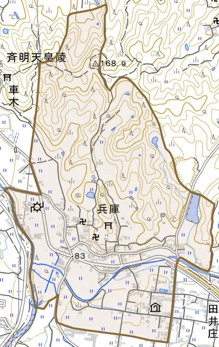 大字兵庫とその周辺の地図。町の範囲を重ねている