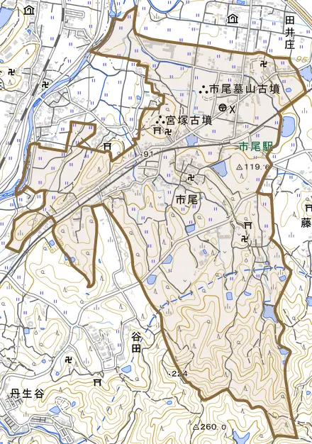 大字市尾とその周辺の地図。町の範囲を重ねている