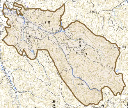 大字上子島とその周辺の地図。町の範囲を重ねている