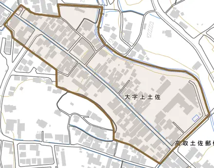 大字上土佐とその周辺の地図。町の範囲を重ねている