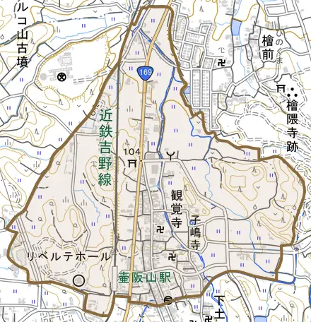 大字観覚寺とその周辺の地図。町の範囲を重ねている