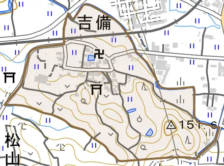 大字吉備とその周辺の地図。町の範囲を重ねている