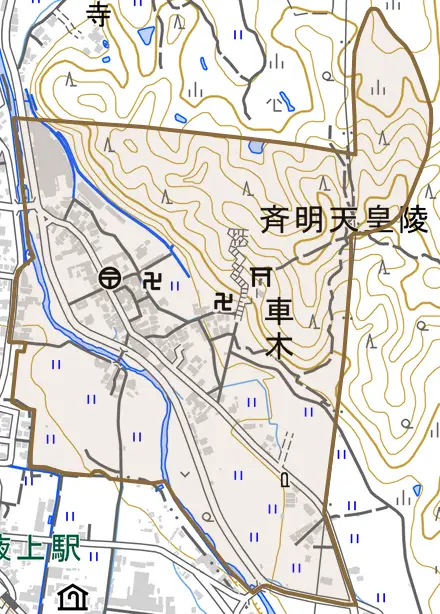大字車木とその周辺の地図。町の範囲を重ねている