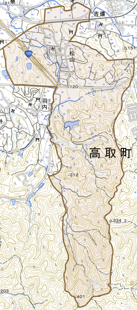 大字松山とその周辺の地図。町の範囲を重ねている