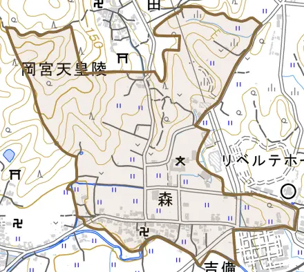 大字森とその周辺の地図。町の範囲を重ねている