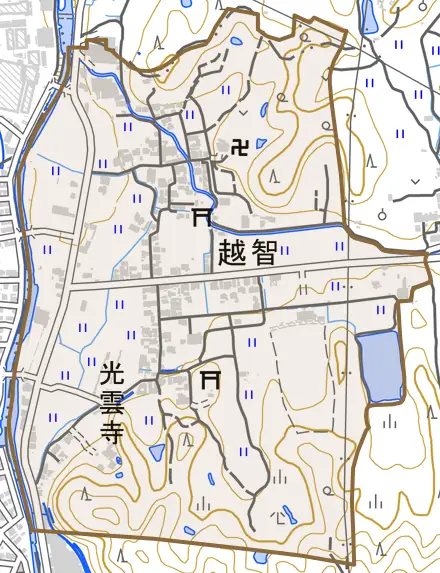 大字越智とその周辺の地図。町の範囲を重ねている
