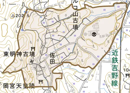 大字佐田とその周辺の地図。町の範囲を重ねている