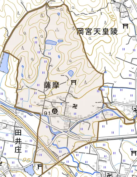 大字薩摩とその周辺の地図。町の範囲を重ねている