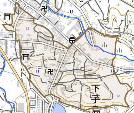 大字下子島とその周辺の地図。町の範囲を重ねている