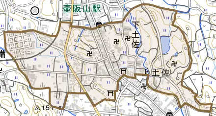 大字下土佐とその周辺の地図。町の範囲を重ねている
