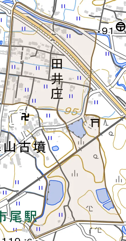 大字田井庄とその周辺の地図。町の範囲を重ねている