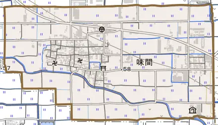 大字味間とその周辺の地図。町の範囲を重ねている