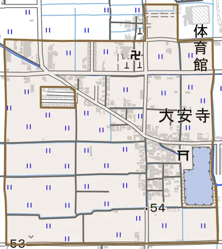 大字大安寺とその周辺の地図。町の範囲を重ねている