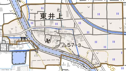 大字東井上とその周辺の地図。町の範囲を重ねている