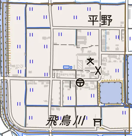 大字平野とその周辺の地図。町の範囲を重ねている