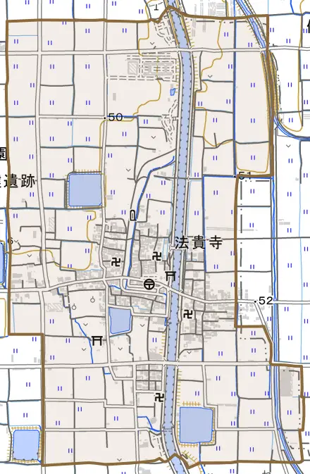 大字法貴寺とその周辺の地図。町の範囲を重ねている